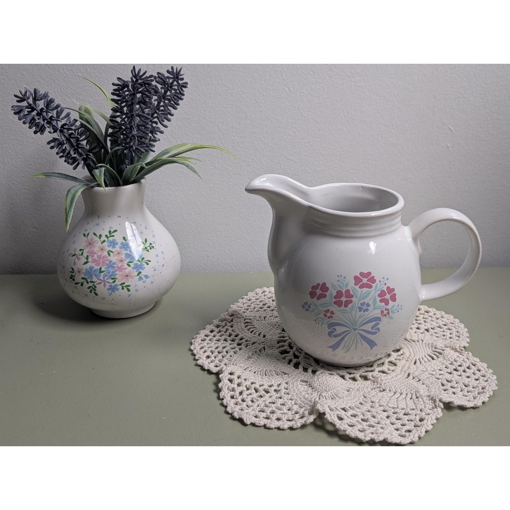 Vintage Floral Ceramic Pitcher Pink Blue Bouquet Cottage Decor
